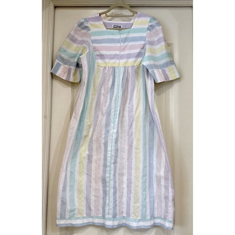 Vintage Styled by Saybury Pastel Rainbow Stripe House Dress Zip Front Midi L